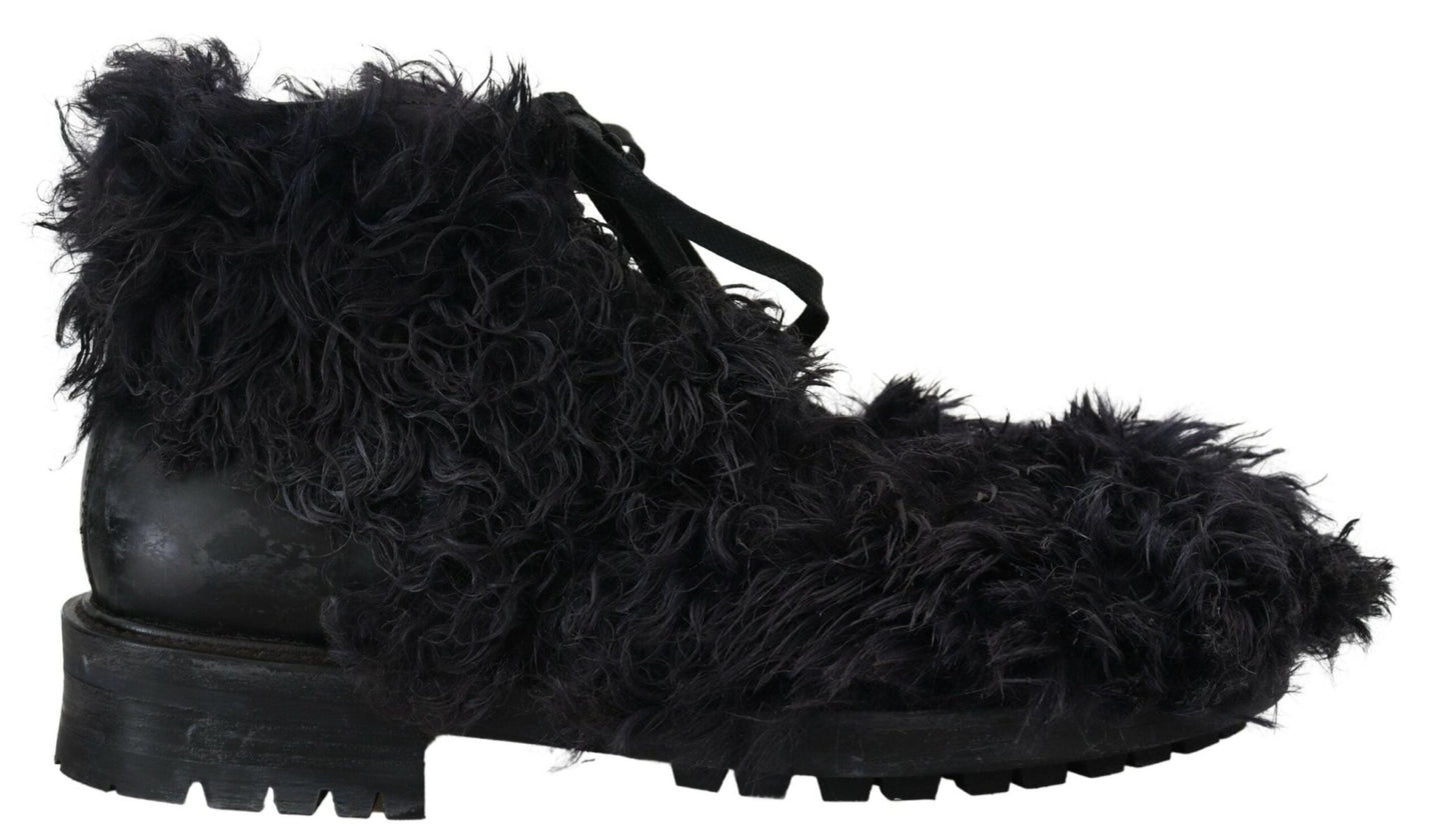 Dolce & Gabbana Black Leather Combat Shearling Boots Shoes - SMARTMARTNZ