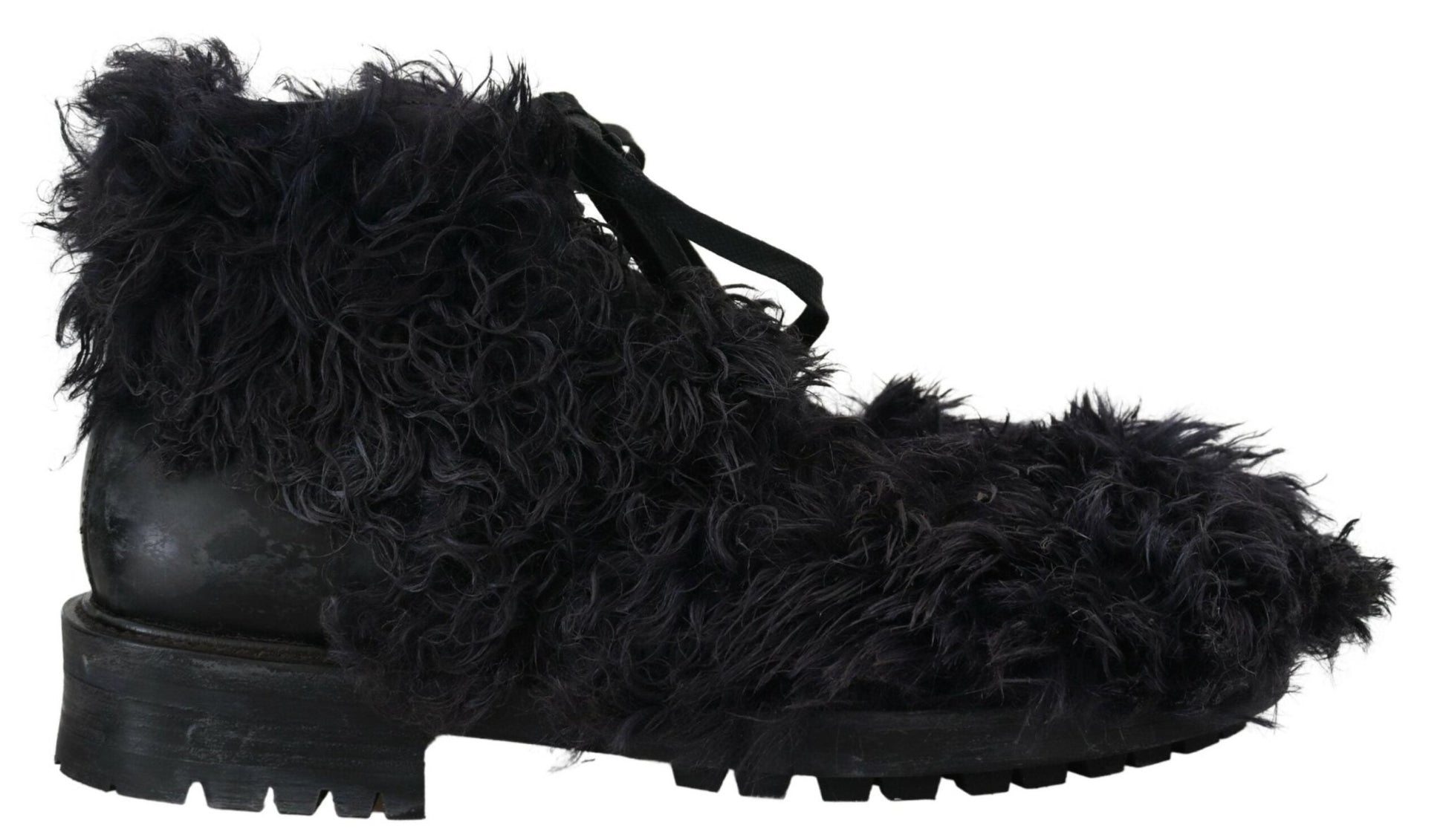 Dolce & Gabbana Black Leather Combat Shearling Boots Shoes - SMARTMARTNZ