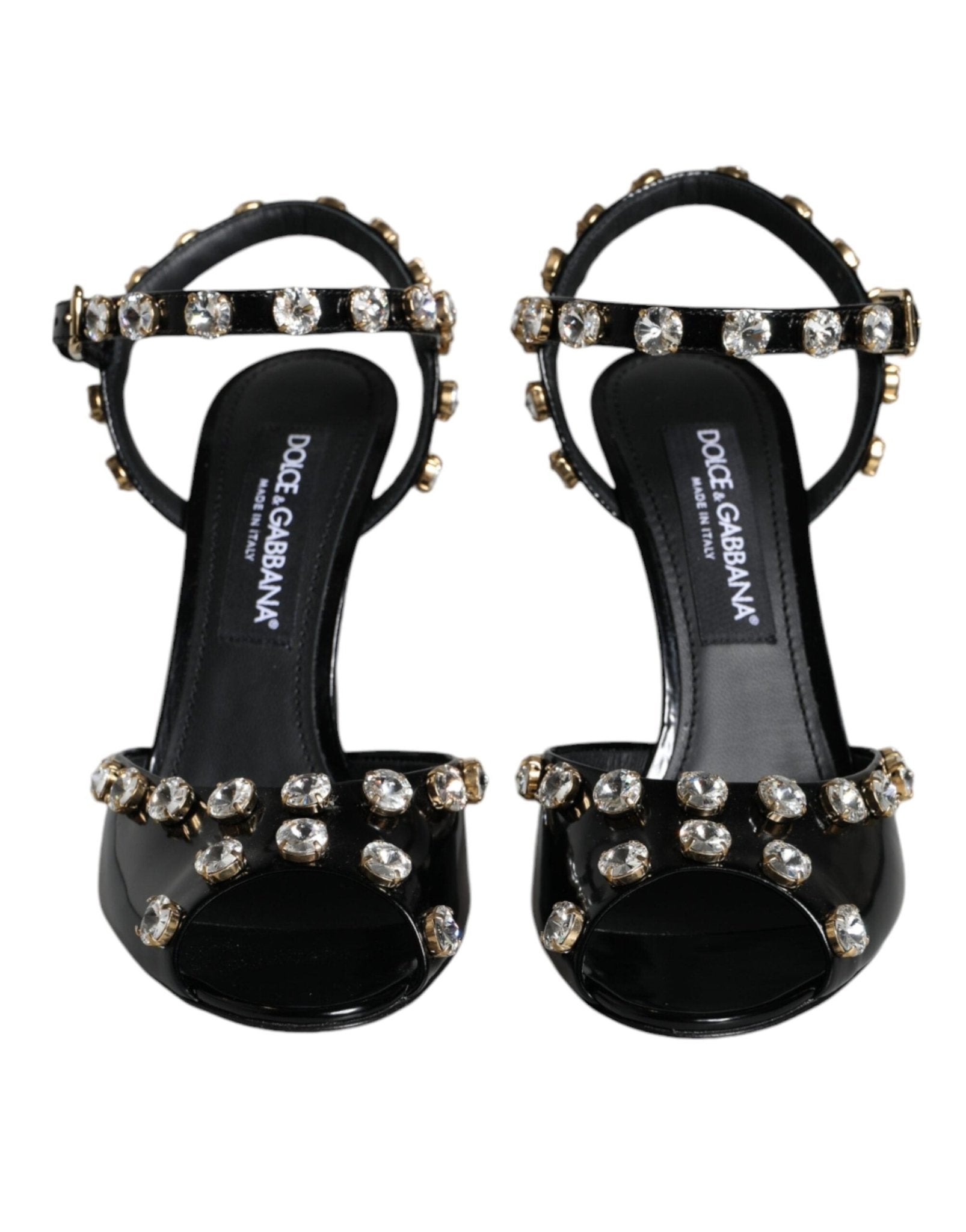 Dolce & Gabbana Black Leather Crystal Ankle Strap Sandals Shoes - SMARTMARTNZ
