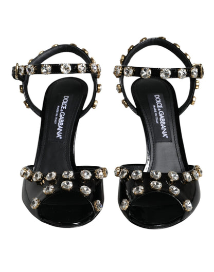 Dolce & Gabbana Black Leather Crystal Ankle Strap Sandals Shoes - SMARTMARTNZ