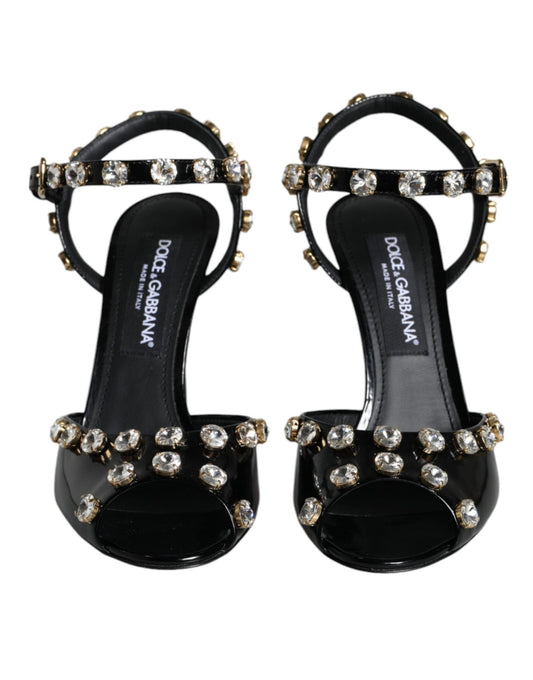 Dolce & Gabbana Black Leather Crystal Ankle Strap Sandals Shoes - SMARTMARTNZ