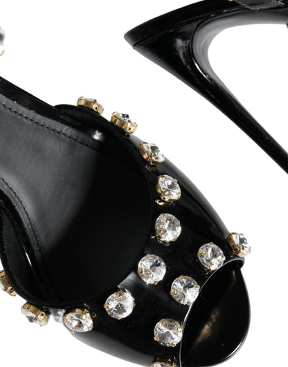 Dolce & Gabbana Black Leather Crystal Ankle Strap Sandals Shoes - SMARTMARTNZ