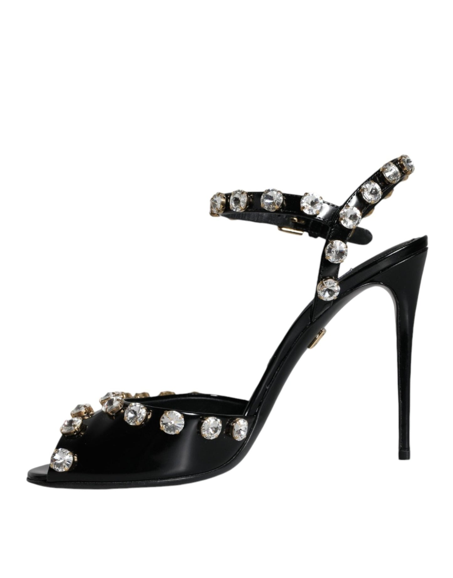 Dolce & Gabbana Black Leather Crystal Ankle Strap Sandals Shoes - SMARTMARTNZ