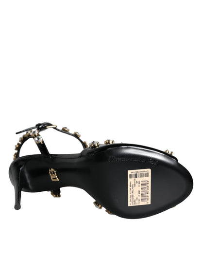 Dolce & Gabbana Black Leather Crystal Ankle Strap Sandals Shoes - SMARTMARTNZ