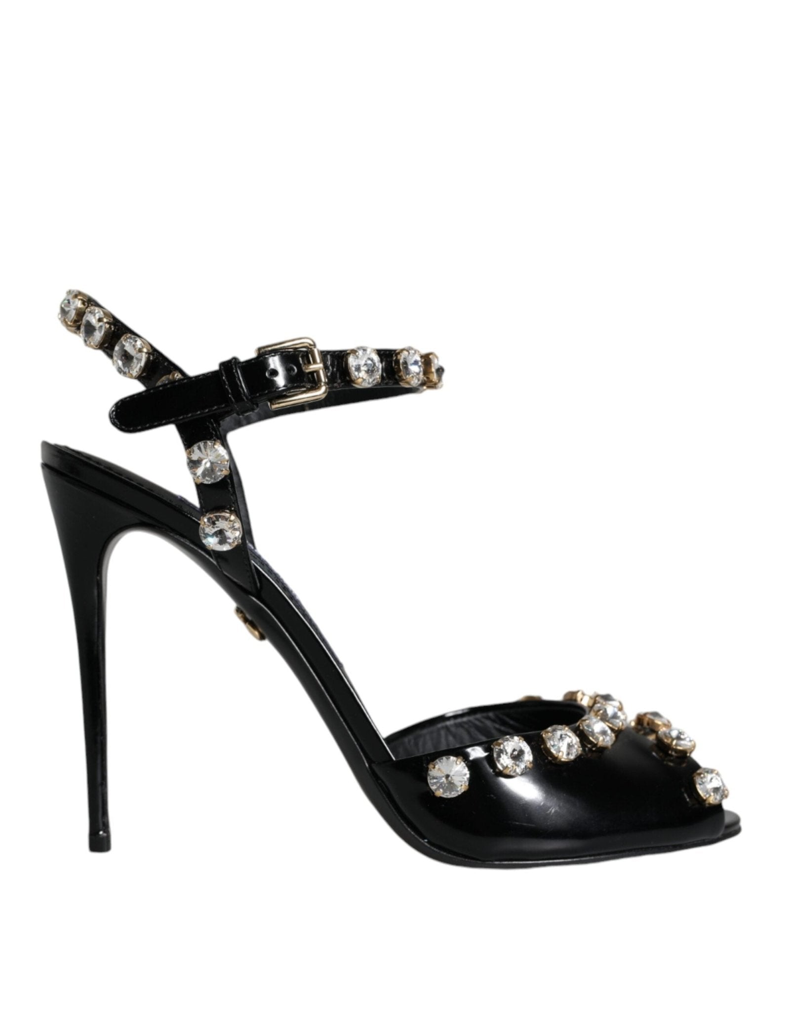 Dolce & Gabbana Black Leather Crystal Ankle Strap Sandals Shoes - SMARTMARTNZ