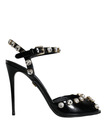 Dolce & Gabbana Black Leather Crystal Ankle Strap Sandals Shoes - SMARTMARTNZ