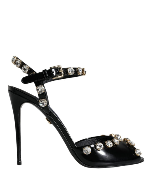 Dolce & Gabbana Black Leather Crystal Ankle Strap Sandals Shoes - SMARTMARTNZ