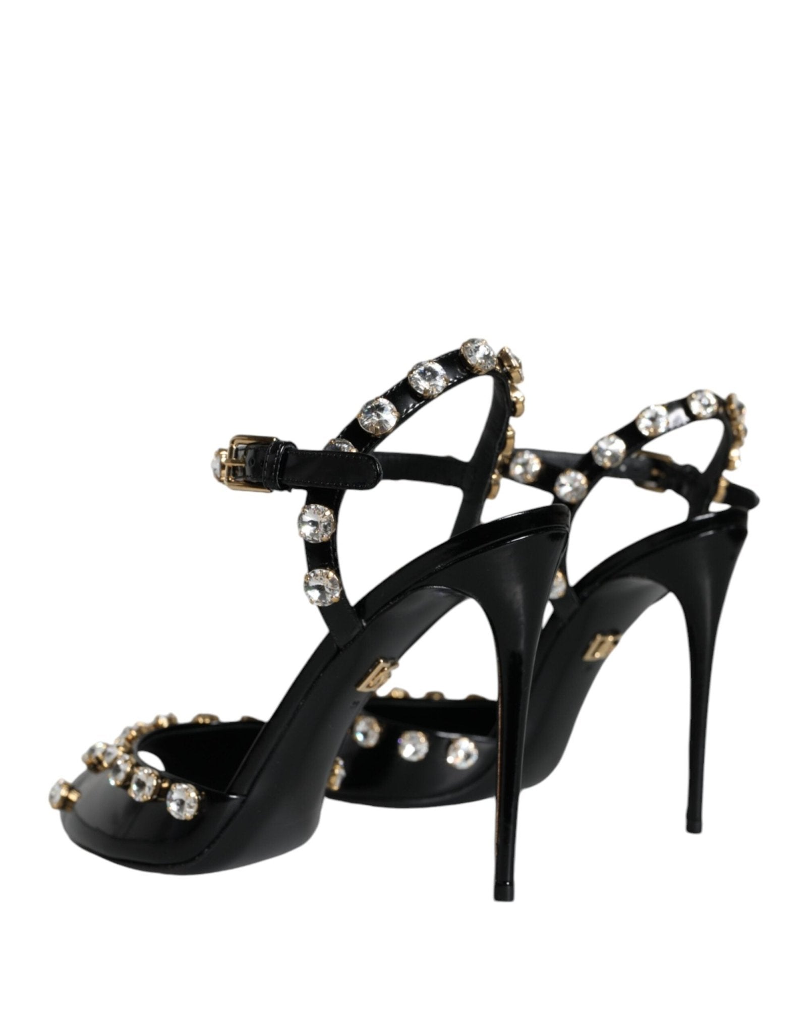 Dolce & Gabbana Black Leather Crystal Ankle Strap Sandals Shoes - SMARTMARTNZ