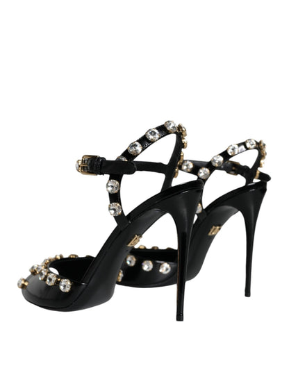 Dolce & Gabbana Black Leather Crystal Ankle Strap Sandals Shoes - SMARTMARTNZ