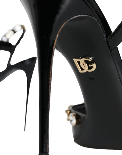 Dolce & Gabbana Black Leather Crystal Ankle Strap Sandals Shoes - SMARTMARTNZ
