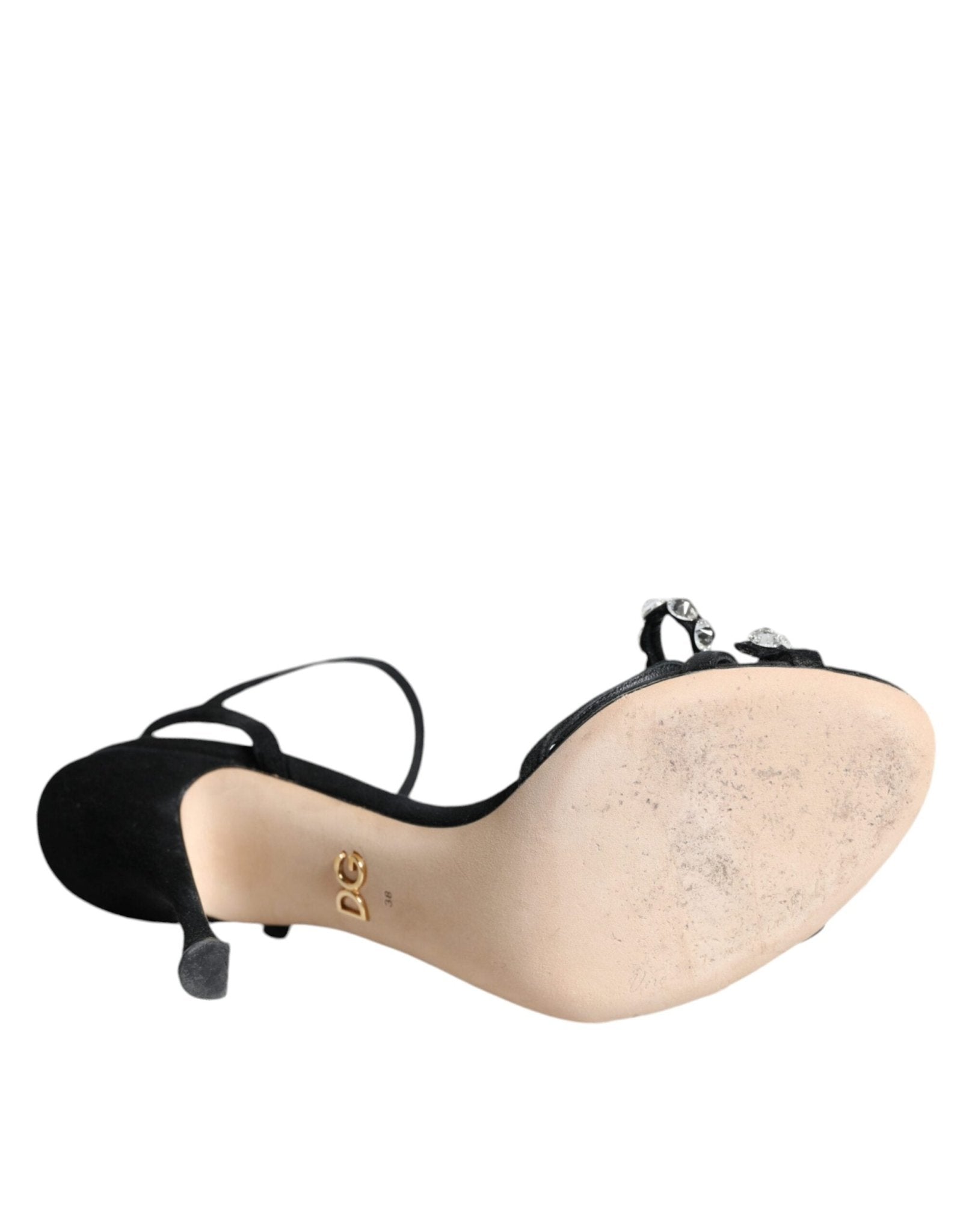 Dolce & Gabbana Black Leather Crystal Bow Heels Sandals Shoes - SMARTMARTNZ