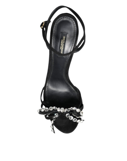 Dolce & Gabbana Black Leather Crystal Bow Heels Sandals Shoes - SMARTMARTNZ