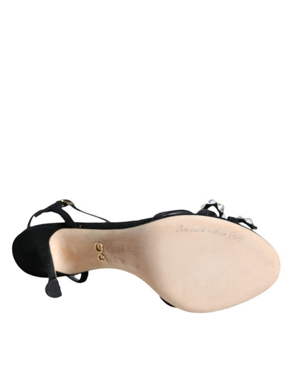 Dolce & Gabbana Black Leather Crystal Bow Heels Sandals Shoes - SMARTMARTNZ