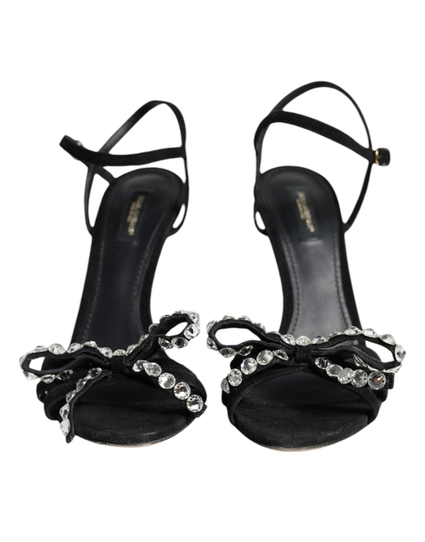 Dolce & Gabbana Black Leather Crystal Bow Heels Sandals Shoes - SMARTMARTNZ