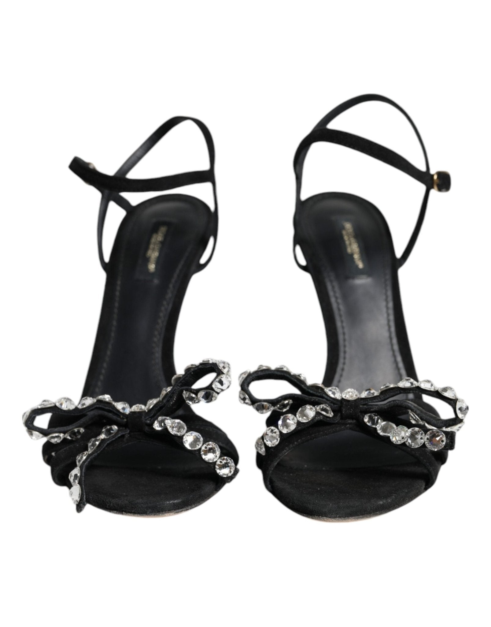 Dolce & Gabbana Black Leather Crystal Bow Heels Sandals Shoes - SMARTMARTNZ