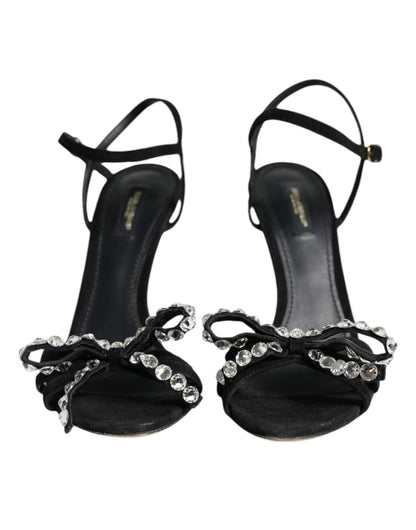 Dolce & Gabbana Black Leather Crystal Bow Heels Sandals Shoes - SMARTMARTNZ