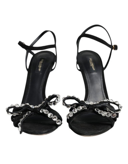 Dolce & Gabbana Black Leather Crystal Bow Heels Sandals Shoes - SMARTMARTNZ