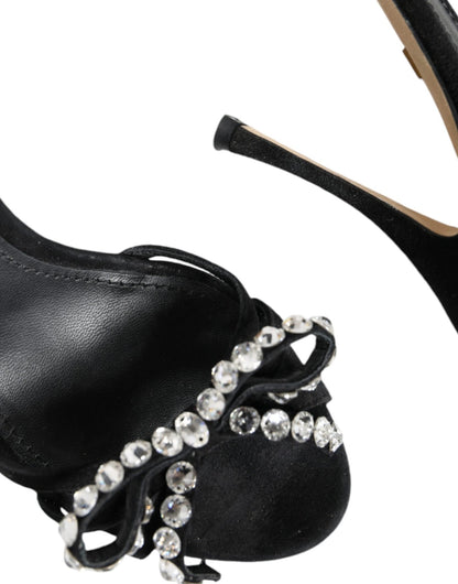 Dolce & Gabbana Black Leather Crystal Bow Heels Sandals Shoes - SMARTMARTNZ