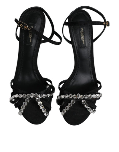 Dolce & Gabbana Black Leather Crystal Bow KEIRA Sandals Shoes - SMARTMARTNZ