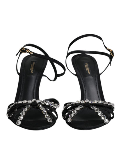 Dolce & Gabbana Black Leather Crystal Bow KEIRA Sandals Shoes - SMARTMARTNZ