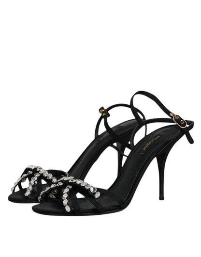 Dolce & Gabbana Black Leather Crystal Bow KEIRA Sandals Shoes - SMARTMARTNZ