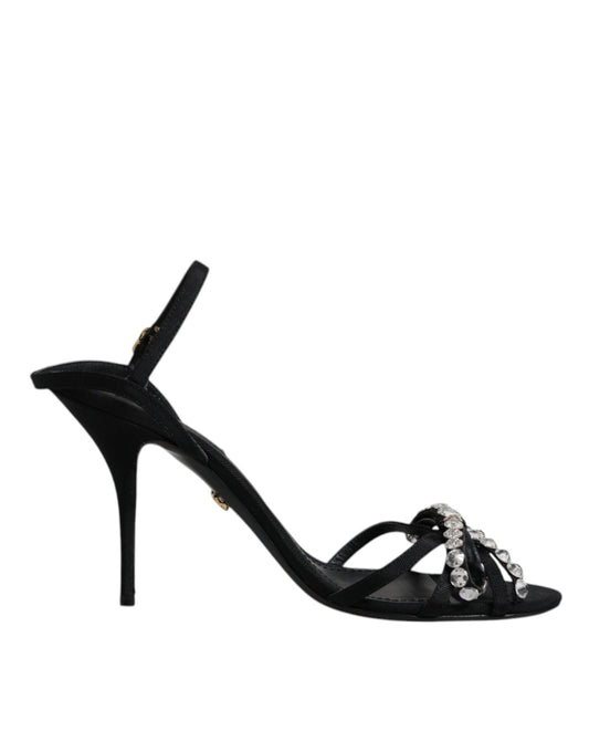 Dolce & Gabbana Black Leather Crystal Bow KEIRA Sandals Shoes - SMARTMARTNZ