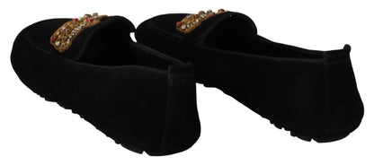 Dolce & Gabbana Black Leather Crystal Gold Crown Loafers Shoes - SMARTMARTNZ