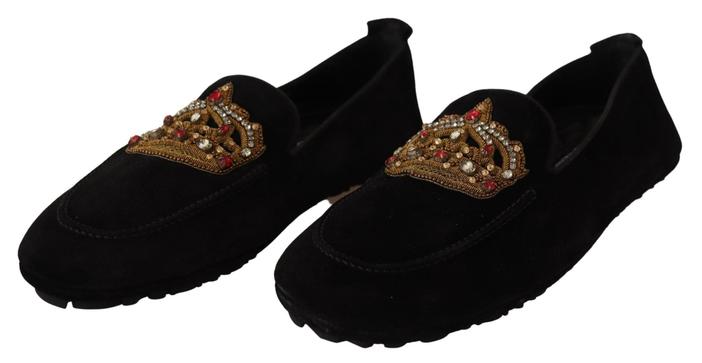Dolce & Gabbana Black Leather Crystal Gold Crown Loafers Shoes - SMARTMARTNZ