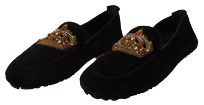 Dolce & Gabbana Black Leather Crystal Gold Crown Loafers Shoes - SMARTMARTNZ