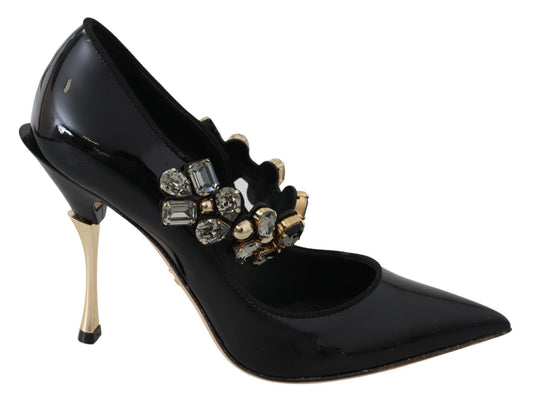 Dolce & Gabbana Black Leather Crystal Shoes Mary Jane Pumps - SMARTMARTNZ