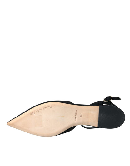Dolce & Gabbana Black Leather Crystal Slingback Sandals Shoes - SMARTMARTNZ