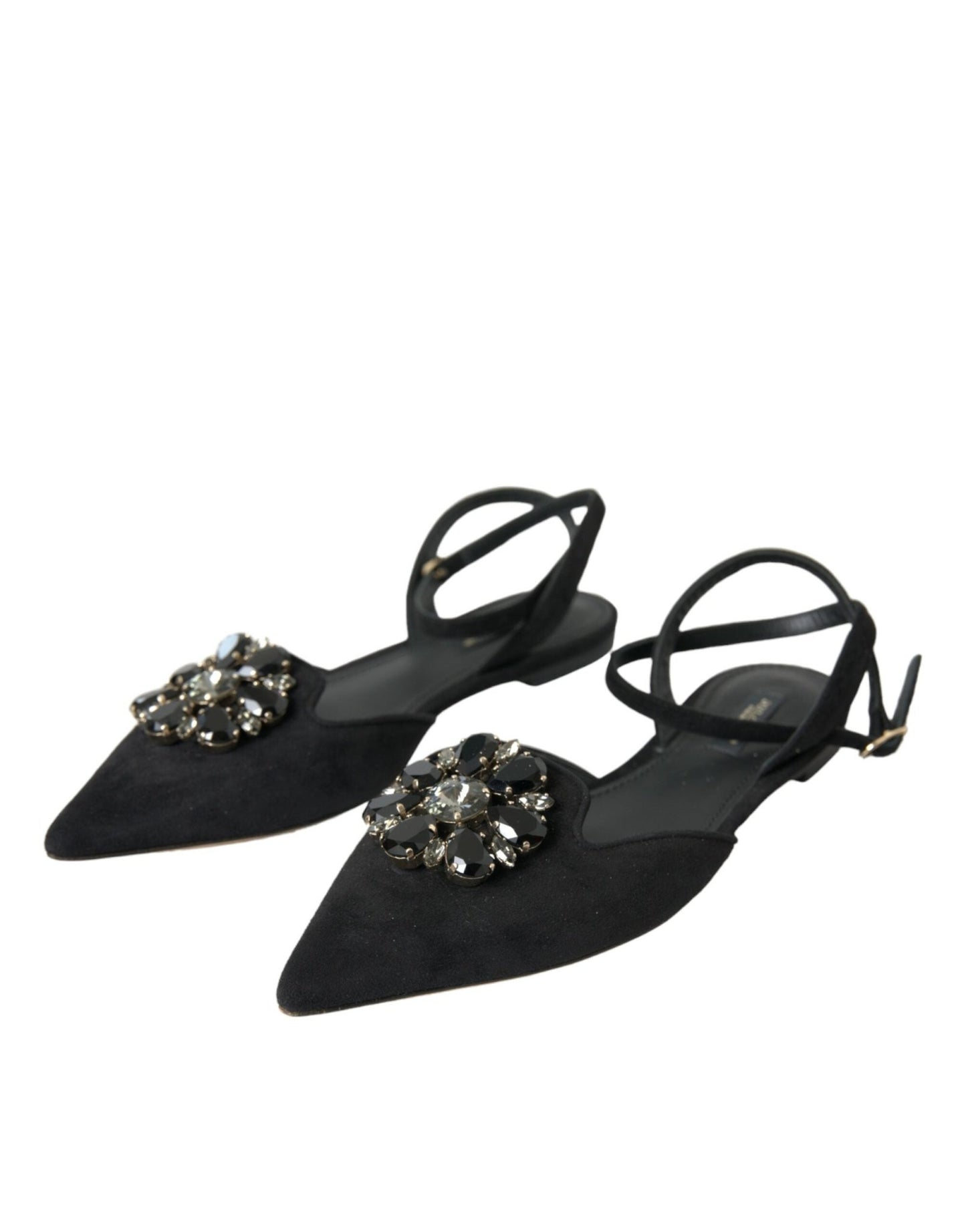 Dolce & Gabbana Black Leather Crystal Slingback Sandals Shoes - SMARTMARTNZ
