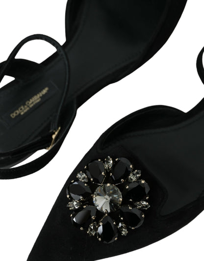 Dolce & Gabbana Black Leather Crystal Slingback Sandals Shoes - SMARTMARTNZ