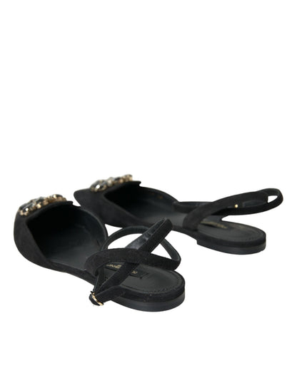 Dolce & Gabbana Black Leather Crystal Slingback Sandals Shoes - SMARTMARTNZ