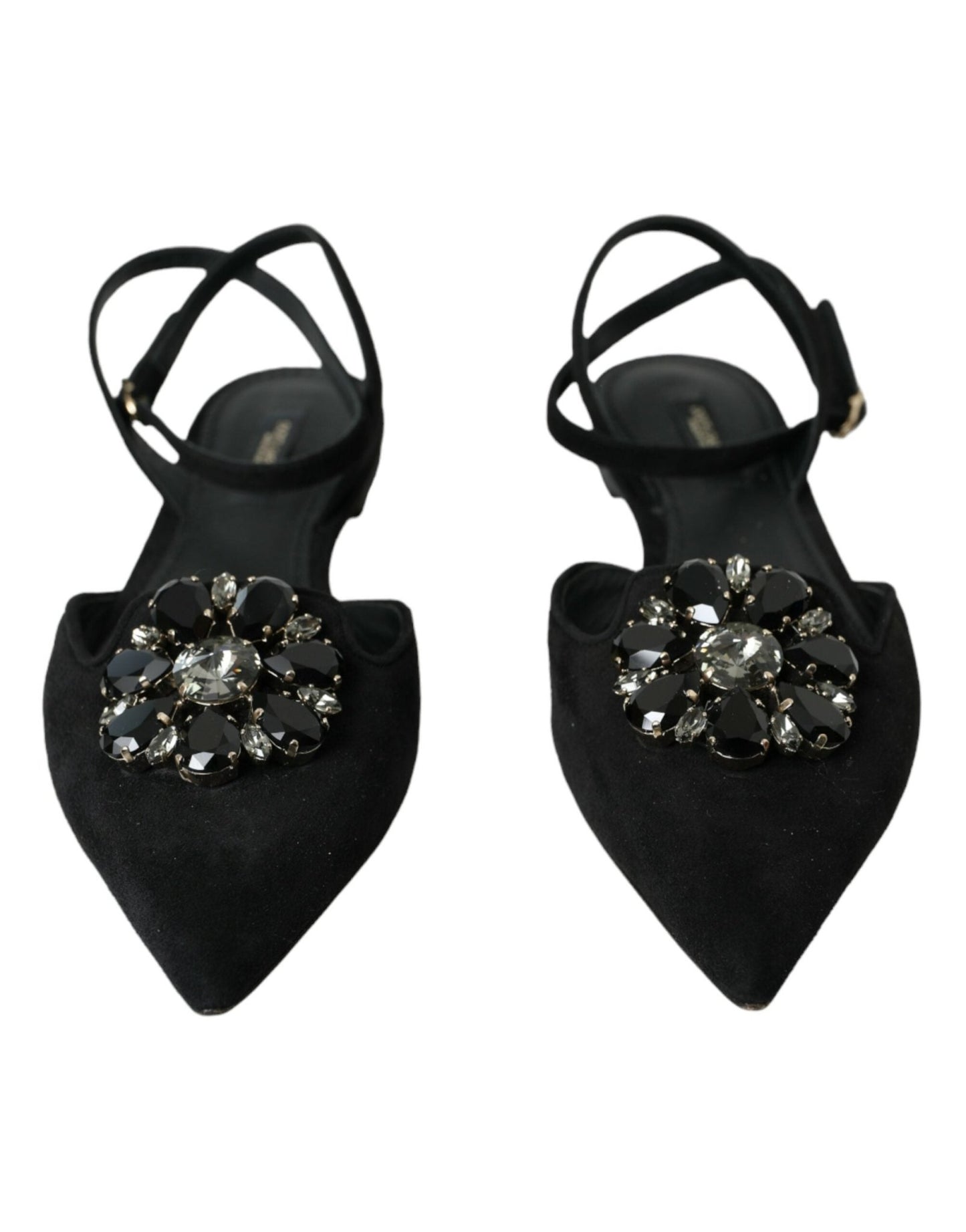 Dolce & Gabbana Black Leather Crystal Slingback Sandals Shoes - SMARTMARTNZ