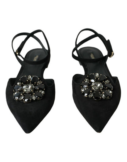 Dolce & Gabbana Black Leather Crystal Slingback Sandals Shoes - SMARTMARTNZ