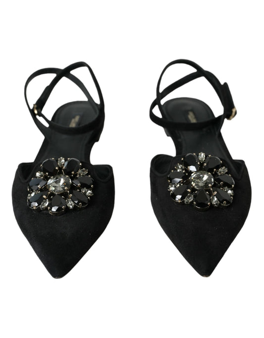 Dolce & Gabbana Black Leather Crystal Slingback Sandals Shoes - SMARTMARTNZ
