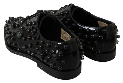 Dolce & Gabbana Black Leather Crystals Dress Broque Shoes - SMARTMARTNZ