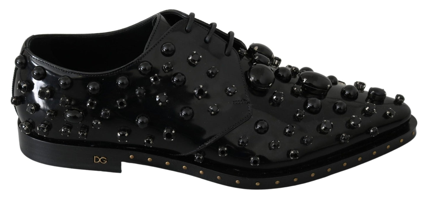 Dolce & Gabbana Black Leather Crystals Dress Broque Shoes - SMARTMARTNZ