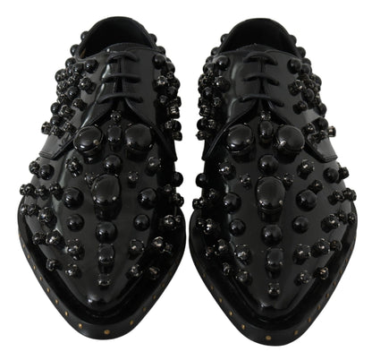 Dolce & Gabbana Black Leather Crystals Dress Broque Shoes - SMARTMARTNZ