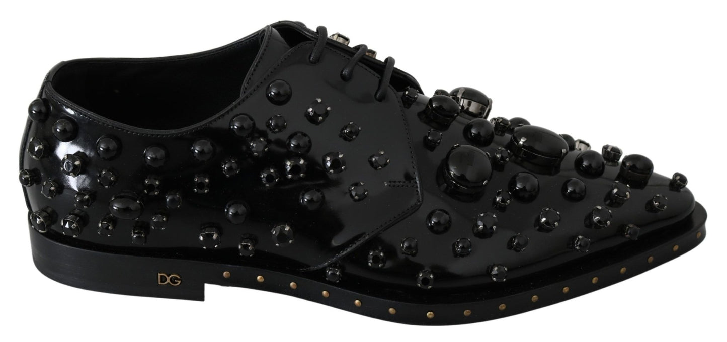 Dolce & Gabbana Black Leather Crystals Dress Broque Shoes - SMARTMARTNZ