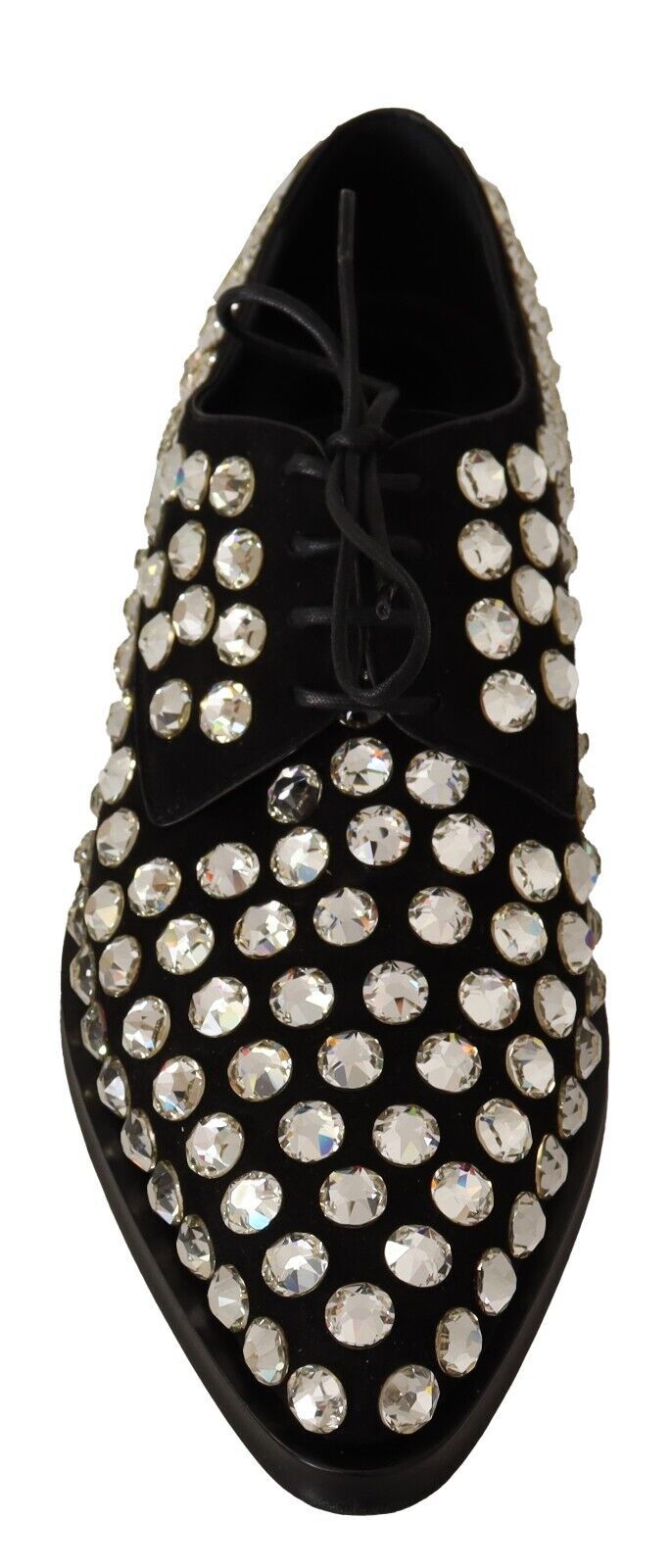 Dolce & Gabbana Black Leather Crystals Lace Up Formal Shoes - SMARTMARTNZ