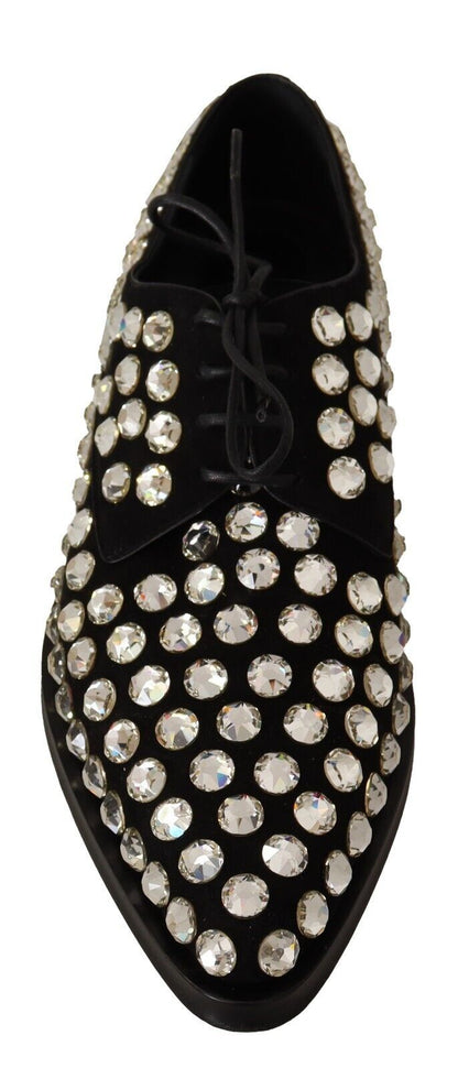Dolce & Gabbana Black Leather Crystals Lace Up Formal Shoes - SMARTMARTNZ