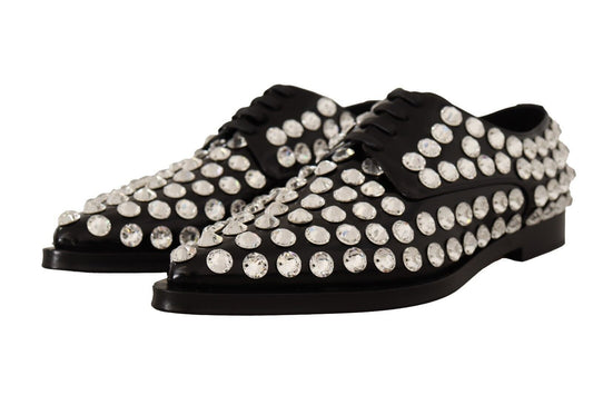 Dolce & Gabbana Black Leather Crystals Lace Up Formal Shoes - SMARTMARTNZ