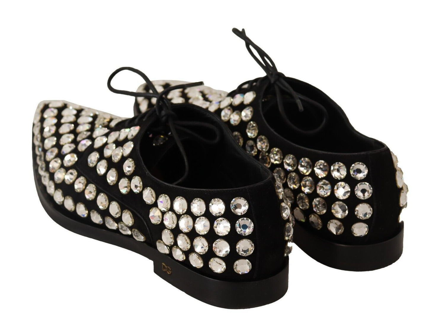 Dolce & Gabbana Black Leather Crystals Lace Up Formal Shoes - SMARTMARTNZ