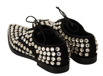 Dolce & Gabbana Black Leather Crystals Lace Up Formal Shoes - SMARTMARTNZ
