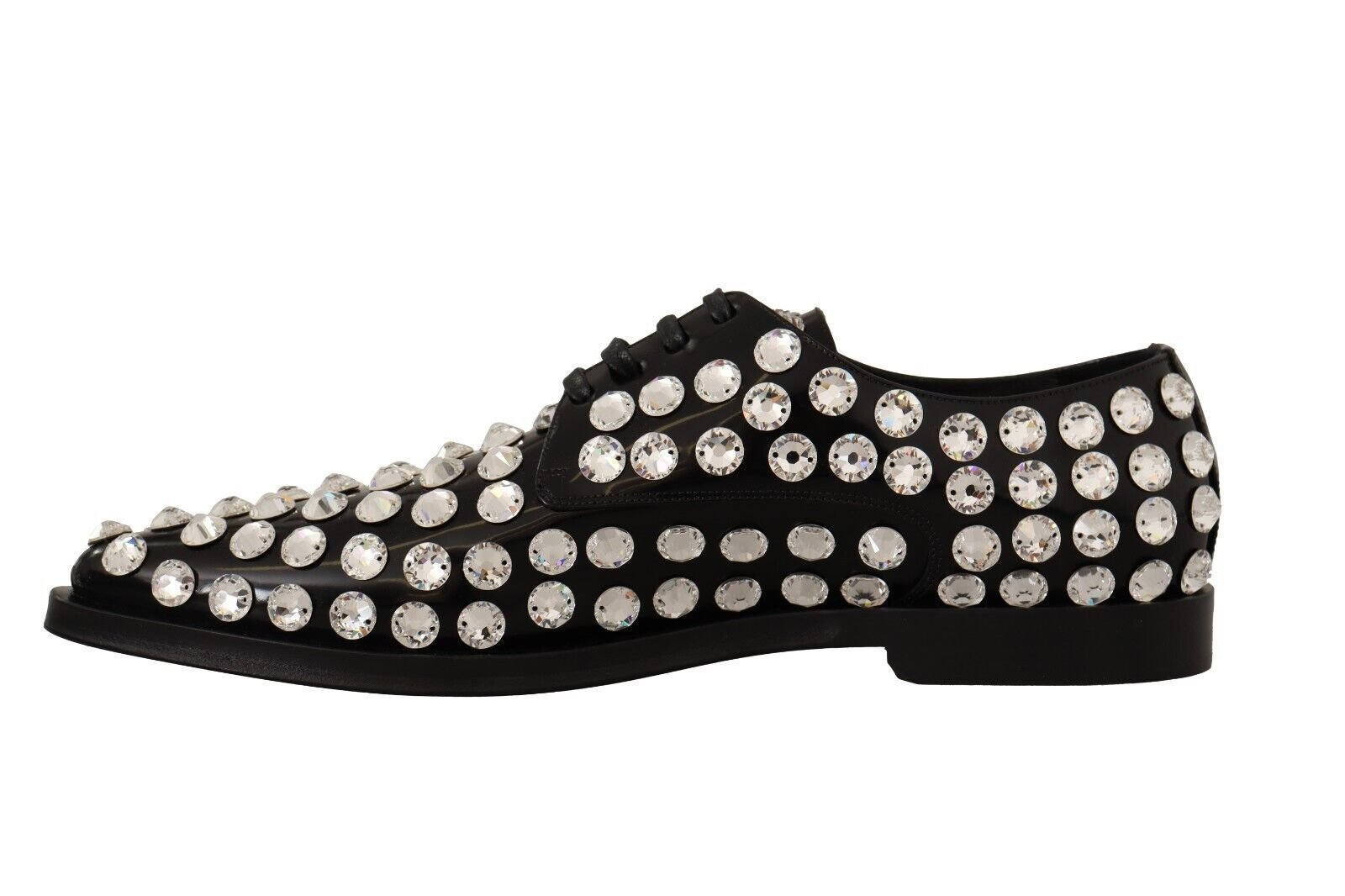 Dolce & Gabbana Black Leather Crystals Lace Up Formal Shoes - SMARTMARTNZ