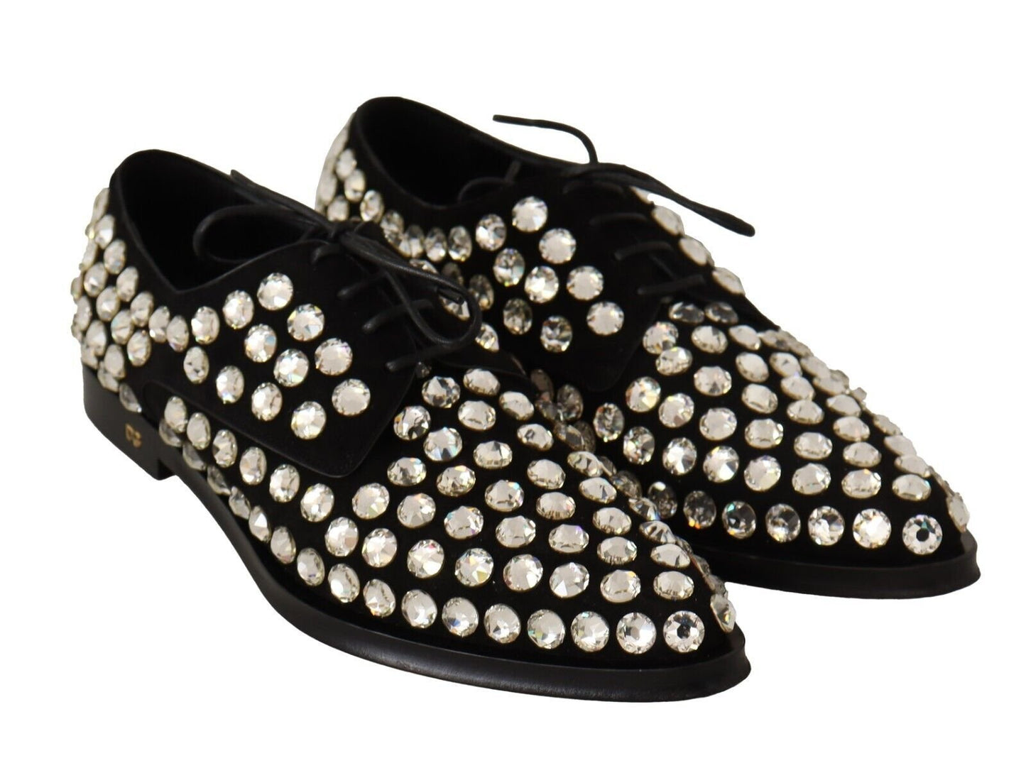 Dolce & Gabbana Black Leather Crystals Lace Up Formal Shoes - SMARTMARTNZ