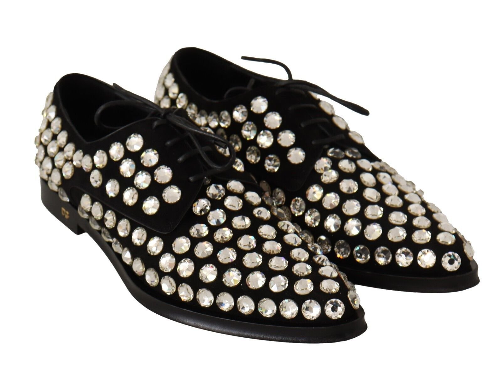 Dolce & Gabbana Black Leather Crystals Lace Up Formal Shoes - SMARTMARTNZ
