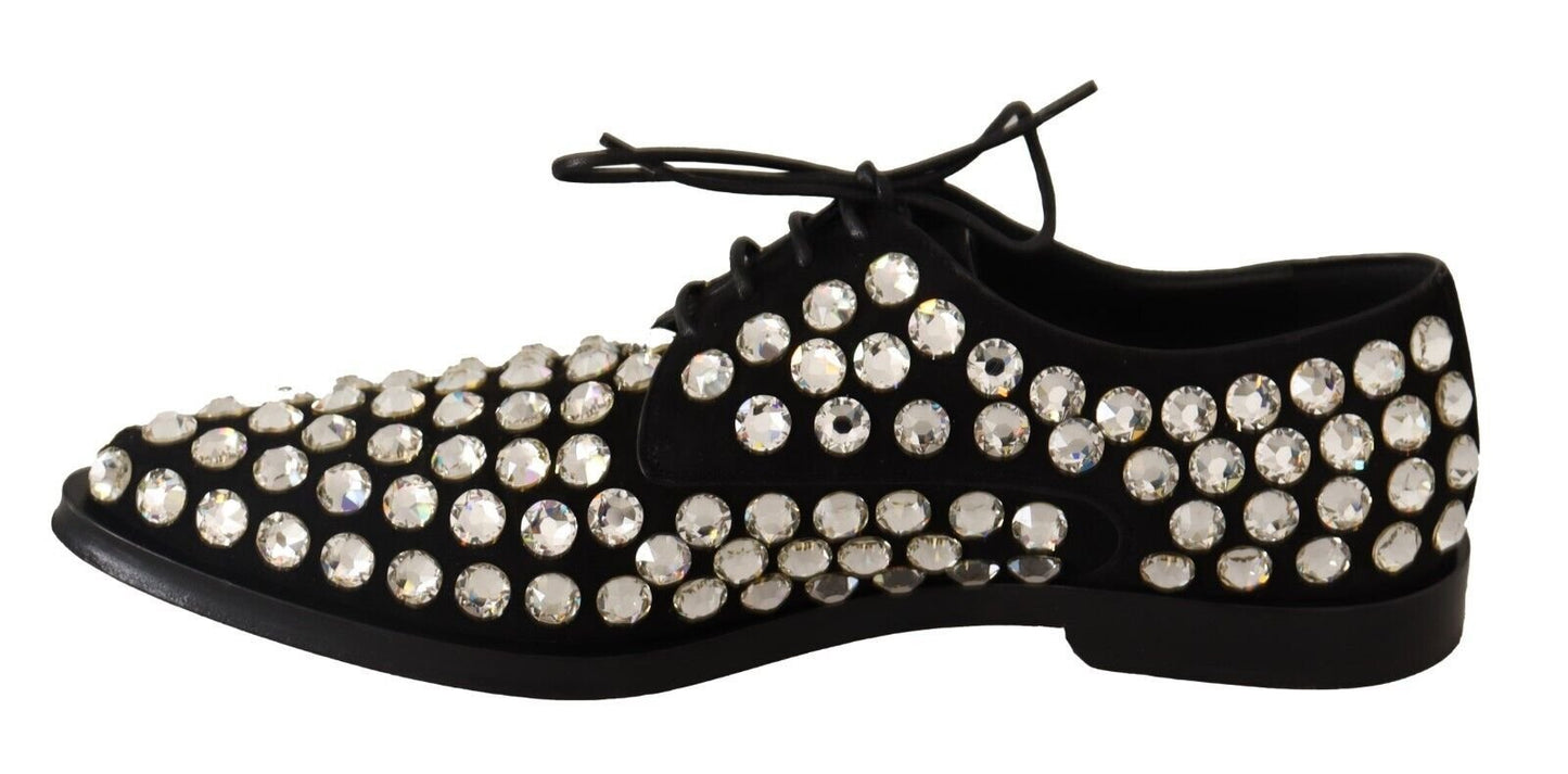Dolce & Gabbana Black Leather Crystals Lace Up Formal Shoes - SMARTMARTNZ